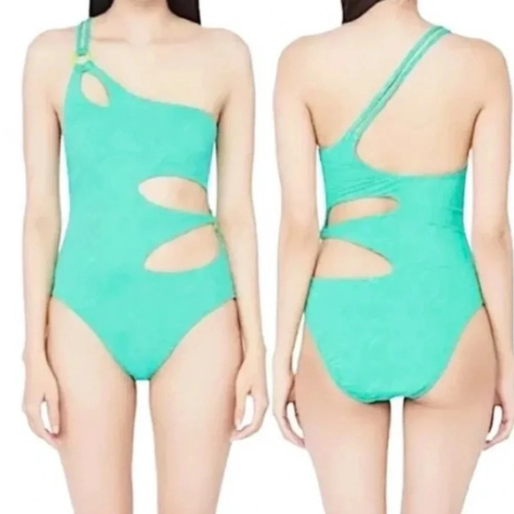 Trina Turk Cascais Wave One Shoulder One Piece Cutout Swimsuit Aquamarine Size 6 - Picture 11 of 11